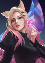  ahri_(league_of_legends) animal_ears bad_id bad_pixiv_id black_neckwear blonde_hair facial_mark female fingernails floating fox_ears fox_girl fox_tail frills gem green_eyes hair_ornament hairclip heart highres league_of_legends long_fingernails multicolored_hair parted_lips pink_hair pink_nails puffy_sleeves solo tail the_baddest_ahri upper_body whisker_markings wifc 