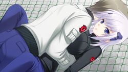  1boy bag black_jacket blue_eyes blue_pants breasts brown_hair cryska_barchenowa dutch_angle female game_cg hair_between_eyes headgear jacket large_breasts long_hair long_sleeves muv-luv muv-luv_alternative muv-luv_alternative_strike_frontier open_mouth pants short_hair white_hair white_jacket 