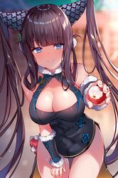  arm_warmers bare_shoulders black_dress blue_eyes blurry blurry_background breasts cleavage commentary_request cowboy_shot depth_of_field dress fate/grand_order fate_(series) female food fruit hair_ornament hand_on_own_thigh highres holding large_breasts long_hair looking_at_viewer lychee md5_mismatch outstretched_arm purple_hair sleeveless sleeveless_dress smile solo thigh_gap thighs twintails usagihime very_long_hair yang_guifei_(fate) yang_guifei_(second_ascension)_(fate) 