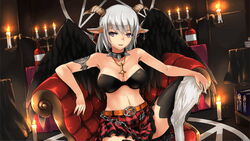  animal_ears artist_request belt belt_buckle black_feathers black_thighhighs black_wings breasts buckle candle chains chair collar eyebrows_hidden_by_hair feathered_wings feathers female game_cg goat_ears goat_legs hand_on_own_knee horizontal_pupils horns inverted_cross_earrings inverted_cross_necklace large_breasts looking_at_viewer medium_hair midriff monster_girl monster_musume_no_iru_nichijou monster_musume_no_iru_nichijou_online navel official_art parted_lips pentagram plaid plaid_skirt sitting skirt solo sophia_(monster_musume) spiked_collar spikes thighhighs white_hair wings zettai_ryouiki 