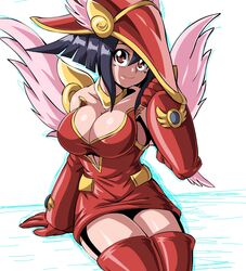  apple_magician_girl bare_shoulders black_hair breasts brown_eyes cleavage commentary_request dress duel_monster female garter_straps gloves hair_between_eyes hat large_breasts lewdamone looking_at_viewer red_gloves red_hat red_thighhighs short_dress sitting smile solo thighhighs wizard_hat yu-gi-oh! 