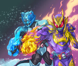  2boys animal_hood armor barid_rex barid_rex_vistamp barid_vice blizzard blue_armor blue_eyes bodysuit clenched_hands demon_boy extra_eyes flame_print gloves gold_horns highres hood huujyu ice kamen_rider kamen_rider_revi kamen_rider_revice kamen_rider_vice male_focus multiple_boys purple_armor purple_bodysuit red_eyes revice_driver rex_genome rider_belt sharp_teeth teeth vistamp volcano_genome volcano_rex yellow_eyes yellow_gloves 