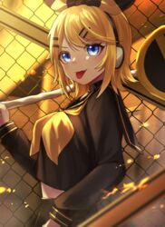  :p alternate_breast_size black_serafuku black_skirt blonde_hair blue_eyes blurry bow breasts carrying_over_shoulder chain-link_fence commentary crop_top depth_of_field female fence flipped_hair from_side hair_ornament hairbow hairclip headphones highres kagamine_rin long_sleeves looking_at_viewer medium_breasts midriff rettou_joutou_(vocaloid) road_sign school_uniform serafuku short_hair sign skirt skirt_set smile solo soramame_pikuto swept_bangs tongue tongue_out upper_body vocaloid yellow_theme 