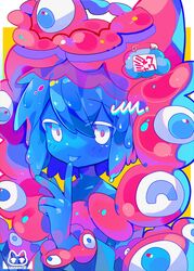  artist_logo blush creature expo2025 eyeball female highres index_finger_raised looking_to_the_side monster_girl myaku-myaku pink_eyes safety_pin short_hair slime_(creature) slime_(substance) slime_girl smile solo tongue tongue_out translated uenomigi white_eyes wristband 