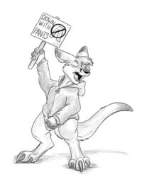  4:5 anthro claws closed_eyes clothing covering covering_crotch english_text flinters hi_res holding_object holding_sign hoodie kangaroo macropod male mammal marsupial monochrome open_mouth renegade_kangaroo sign solo text toe_claws topwear 