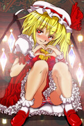  blonde_hair blush commentary_request female flandre_scarlet frilled_skirt frills hat hat_ribbon heart heart_hands looking_at_viewer mob_cap nakamura_3sou panties pantyshot red_eyes red_footwear ribbon shoes short_sleeves sitting skirt socks solo striped_clothes striped_panties touhou underwear wings wrist_cuffs 