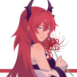  arknights bare_shoulders black_dress breasts chinese_commentary commentary_request dress female flower hair_between_eyes hair_intakes highres holding holding_flower horns long_hair looking_at_viewer medium_breasts off_shoulder photoshop_(medium) purple_eyes red_flower red_hair simple_background smile solo surtr_(arknights) towne upper_body white_background 