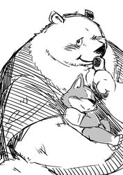  2018 anthro bear blush canid canine canis carrying_another clothing conoji domestic_dog duo humanoid_hands kemono mammal monochrome one_eye_closed overweight shirt size_difference sleeping topwear wink 