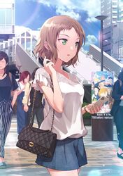  akihabara_(tokyo) bag blouse blue_shorts blue_sky brown_hair building cellphone city cloud commentary_request cowboy_shot day earrings female forehead frilled_sleeves frills green_eyes handbag holding holding_phone iphone_12_pro jewelry kira_tsubasa lace-trimmed_shirt lace_trim looking_away looking_to_the_side love_live! love_live!_school_idol_project love_live!_superstar!! outdoors parted_lips phone real_world_location shamakho shirt short_hair short_sleeves shorts sideways_glance sky smartphone solo tokyo_(city) wavy_hair white_shirt 