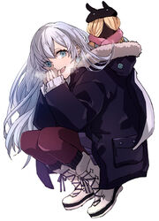  absurdres anastasia_(fate) anastasia_(under_the_same_sky)_(fate) blue_eyes coat doll fate/grand_order fate_(series) female grey_hair highres hood hooded_coat long_hair looking_at_viewer pantyhose sleeves_past_wrists solo squatting tsengyun very_long_hair visible_air viy_(fate) white_background winter_clothes winter_coat 