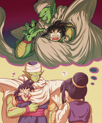  2boys :d ? age_difference baby before_and_after black_hair black_nails cape chi-chi_(dragon_ball) chinese_clothes closed_eyes closed_mouth colored_skin commentary_request dragon_ball dragon_ball_z fangs female fingernails green_skin hair_bun heart highres holding_person imagining koukyouji lolicon long_hair mother_and_son multiple_boys open_mouth piccolo pointy_ears sharp_fingernails single_hair_bun smile son_gohan spiked_hair tearing_up teeth thought_bubble turban white_cape 