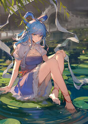  adapted_costume ankle_bell anklet barefoot bell blue_dress blue_eyes blue_hair breasts bridge chinese_clothes commentary dress eyebrows_hidden_by_hair feet female full_body hagoromo hair_between_eyes hair_ornament hair_rings hair_stick highres jewelry jingle_bell kaku_seiga kumatangent lake leaf lily_pad long_hair looking_at_viewer medium_breasts parted_lips shawl short_sleeves silk sitting soaking_feet solo toes touhou water willow 