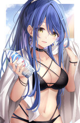  absurdres bikini black_bikini blue_hair blue_sky border bottle breasts cleavage cloud commentary cross-laced_bikini cross-laced_clothes day female gradient_sky hands_up highres holding holding_bottle holding_towel large_breasts looking_at_viewer navel open_mouth orange_sky original outdoors ponytail sky smile solo stomach swimsuit towel towel_around_neck tsukasa_tsubasa water_bottle wet yellow_eyes 