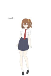  :d arms_at_sides black_footwear blue_skirt blush breast_pocket brown_eyes brown_hair female full_body hair_between_eyes hair_ornament hair_scrunchie head_tilt highres kouhai_shoujo looking_at_viewer medium_hair necktie official_art one_side_up open_mouth orange_scrunchie pleated_skirt pocket red_necktie school_uniform scrunchie shirt shirt_tucked_in short_sleeves side_ponytail simple_background skirt smile socks solo standing summer_uniform super_nagoyaka uki_(kouhai_shoujo) white_background white_shirt white_socks 