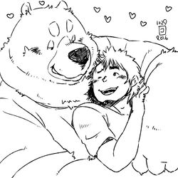  1:1 2016 anthro bear blush clothing conoji duo heart_symbol hug hugging_another hugging_from_behind human human_on_anthro hut interspecies kemono male male/male mammal monochrome overweight overweight_male shirt topwear 