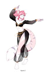  2021 5_fingers anthro begonia-z clothed clothing crossdressing digital_media_(artwork) domestic_cat felid feline felis fingers gold_(metal) gold_jewelry hair harem_boy harem_jewelry harem_outfit harem_pants hi_res jewelry looking_at_viewer male mammal midriff navel pink_hair simple_background smile solo white_background 