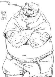  2018 anthro bear bottomwear clothing conoji kemono male mammal monochrome overweight overweight_male shirt shorts simple_background smoking solo topwear white_background 