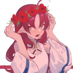  ahoge arknights bare_shoulders chinese_commentary commentary_request female flower green_eyes head_wreath highres long_hair long_sleeves myrtle_(arknights) off_shoulder photoshop_(medium) pointy_ears red_flower red_hair simple_background solo tank_top towne upper_body white_background white_tank_top 