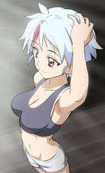  arm_up armpits black_tank_top breasts butt_crack cleavage closed_mouth female han&#039;you_no_yashahime hand_on_own_head haruyama_kazunori higurashi_towa inuyasha large_breasts looking_away midriff multicolored_hair navel red_eyes red_hair short_hair shorts solo streaked_hair tank_top white_hair white_shorts 