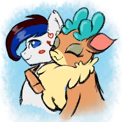  1:1 2018 antlers black_hair blue_antlers blue_eyes blue_hair canon_x_oc closed_eyes deer digital_drawing_(artwork) digital_media_(artwork) duo equid equine eyelashes eyeshadow fan_character female feral fluffy fluffy_chest fur hair heart_symbol hi_res horn horse hug interspecies kiss_mark kiss_mark_on_face makeup male male/female mammal multicolored_body multicolored_fur new_world_deer pony reindeer romantic romantic_couple shadowreindeer smile tan_body tan_fur them&#039;s_fightin&#039;_herds two_tone_body two_tone_fur velvet_reindeer_(tfh) white_body white_fur yellow_body yellow_fur 