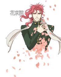  1boy 60_(klioo1) character_name earrings gakuran hand_on_own_chest jewelry jojo_no_kimyou_na_bouken kakyoin_noriaki male_focus petals red_hair scarf school_uniform smile solo stardust_crusaders straight-on white_scarf 