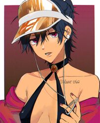  bad_id bad_twitter_id black_hair breasts caro_bambino chest_tattoo cleavage commentary earbuds earphones female genderswap_(mtf) halterneck highres italian_text jojo_no_kimyou_na_bouken looking_to_the_side nail_polish narancia_ghirga off_shoulder open_mouth ponytail purple_eyes reflection rule_63 short_hair small_breasts solo tattoo vento_aureo visor_cap 