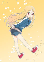  absurdres blonde_hair blue_shorts blush bural_chingu commentary dolphin_shorts female full_body hair_between_eyes highres jacket korean_commentary lee_ji-min looking_at_viewer looking_back luke_(dydansgur) red_eyes red_footwear red_shorts shoes short_shorts shorts smile sneakers solo star_(symbol) track_jacket yellow_background 