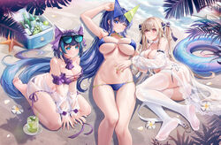  3girls anchorage_(azur_lane) anchorage_(dolphins_and_swim_lessons)_(azur_lane) animal_ears armpits ass azur_lane bare_shoulders beach bikini blonde_hair blue_bikini blue_eyes blue_hair blush breasts cat_ears cheshire_(azur_lane) cheshire_(summery_date!)_(azur_lane) cleavage cooler cup drinking_glass eyewear_on_head feet feet_out_of_frame food fruit hair_between_eyes hair_ornament highres large_breasts legs lime_(fruit) long_hair looking_at_viewer lying mojito multiple_girls navel new_jersey_(azur_lane) new_jersey_(midsummer_leisure)_(azur_lane) no_shoes o-ring official_alternate_costume on_back on_side one_eye_closed outdoors seiza sitting smile soles stardust_(chen&#039;ai_weiding) stomach string_bikini sunglasses swimsuit thighhighs thighs toes twintails very_long_hair white_thighhighs 