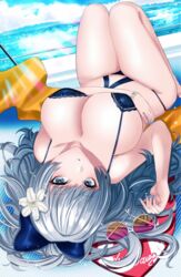  azur_lane bikini blue_nails breasts cleavage female flower grey_eyes grey_hair hair_flower hair_ornament highres huge_breasts linked_bikini looking_at_viewer lying monokini nail_polish official_alternate_costume on_back pink-tinted_eyewear purple_bikini sunglasses swimsuit tinted_eyewear unworn_eyewear vittorio_veneto_(azur_lane) vittorio_veneto_(the_flower_of_la_spezia)_(azur_lane) white-framed_eyewear white_flower yappi~shagan 