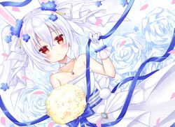  :o animal_ears azur_lane bare_shoulders blue_flower bouquet breasts bride collarbone commentary dress female flower gloves hair_between_eyes hair_flower hair_ornament hair_ribbon hand_up highres jewelry laffey_(azur_lane) laffey_(white_rabbit&#039;s_oath)_(azur_lane) long_hair looking_at_viewer official_alternate_costume parted_lips pendant rabbit_ears red_eyes ribbon rose shikito_(yawa0w0) small_breasts solo strapless strapless_dress twintails very_long_hair wedding_dress white_dress white_flower white_gloves white_hair white_ribbon white_rose yellow_flower 