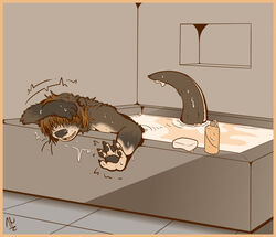  anthro bath bathtub border human human_to_anthro male mammal membrane_(anatomy) mustelid orange_border otter pawpads shampoo snout soap solo species_transformation surrii tail thick_tail transformation water webbed_hands 