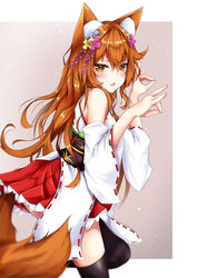  absurdres animal_ear_fluff animal_ears armpit_crease arms_up bad_id bad_pixiv_id black_thighhighs blurry blurry_foreground blush chaso_(magico_el_coral) commentary cowboy_shot depth_of_field detached_sleeves female flower fox_ears fox_girl fox_shadow_puppet fox_tail grey_background hair_between_eyes hair_flower hair_ornament highres korin_(shironeko_project) leg_lift light_particles long_hair looking_at_viewer nontraditional_miko obi oerba_yun_fang open_mouth orange_eyes orange_hair pleated_skirt red_skirt sash shironeko_project simple_background skirt solo standing standing_on_one_leg tail thighhighs very_long_hair wisteria 