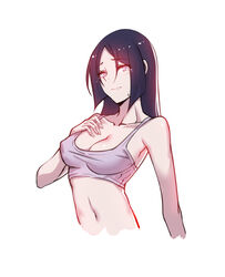  artistic_error bare_arms bare_shoulders black_hair breasts collarbone commentary fate/grand_order fate_(series) female grey_sports_bra highres long_hair looking_at_viewer minamoto_no_raikou_(fate) pink_hair simple_background solo sports_bra stomach tears upper_body vest white_background xion32 