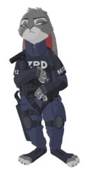  2018 alpha_channel anthro armor axelegandersson body_armor cheek_tuft disney facial_tuft fur grey_body grey_fur gun head_tuft hi_res holding_gun holding_object holding_ranged_weapon holding_weapon judy_hopps lagomorph leporid mammal purple_eyes rabbit ranged_weapon simple_background solo standing toeless_legwear transparent_background tuft weapon zootopia 