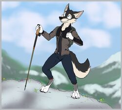  absurd_res anthro backpack border bottomwear canid canine canis clothing colored day denim denim_bottomwear denim_clothing grey_border happy hi_res hiker hiking jacket jeans landscape male mammal mountain pants rrezelicht sky snow solo topwear trekking_pole wolf 