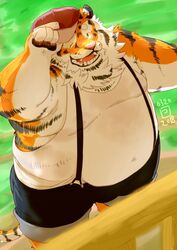  2018 anthro belly bottomwear clothing conoji felid fur hat headgear headwear humanoid_hands kemono male mammal one_eye_closed orange_body orange_fur overweight overweight_male pantherine pink_nose shirt shorts solo suspenders tiger topwear white_body white_fur wink 