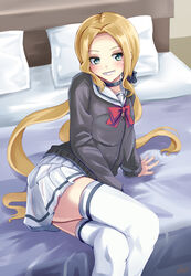  bed black_cardigan black_scrunchie blonde_hair blush bow cardigan commentary_request feet_out_of_frame female forehead green_eyes grin hair_ornament hair_scrunchie inubouzaki_fuu long_hair long_sleeves low_twintails on_bed parted_bangs photoshop_(medium) pillow pleated_skirt red_bow sailor_collar school_uniform scrunchie serafuku skirt sleeves_past_wrists smile solo thighhighs twintails very_long_hair white_sailor_collar white_skirt white_thighhighs yumibakama_meme yuuki_yuuna_wa_yuusha_de_aru yuusha_de_aru 