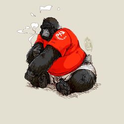  1:1 2016 anthro ape black_body bottomwear clothing conoji gorilla haplorhine kemono male mammal overweight overweight_male primate sailor shirt shorts simple_background sitting smoking solo topwear 