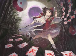  brown_hair commentary detached_sleeves female floating_hair full_body gohei grin hakurei_reimu highres holding holding_stick imperishable_night long_hair looking_at_viewer ofuda orb red_eyes riki6 smile solo stick touhou wide_sleeves yin_yang yin_yang_orb 