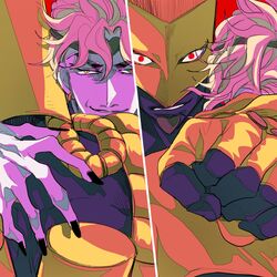  2boys 60_(klioo1) black_nails blonde_hair clenched_hand dio_brando earrings fingernails headband jewelry jojo_no_kimyou_na_bouken long_fingernails looking_at_viewer male_focus multiple_boys nail_polish red_eyes split_screen stand_(jojo) stardust_crusaders the_world wide-eyed yellow_eyes 