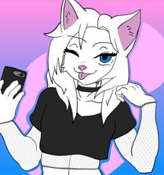  anthro blue_eyes choker clothing crop_top dakota_(yeetboi420z) femboy fishnet_clothing hair hand_in_hair hi_res jewelry male necklace one_eye_closed selfie shirt simple_background solo tongue tongue_out topwear touching_hair white_body white_hair wink yeetboi420z 