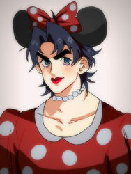  1boy animal_ears blue_eyes blue_hair bow commentary cosplay crossdressing disney dress hairbow jojo_no_kimyou_na_bouken jonathan_joestar jonya lipstick looking_at_viewer makeup male_focus minnie_mouse minnie_mouse_(cosplay) minnie_mouse_ears mouse_ears phantom_blood polka_dot polka_dot_dress russian_commentary solo upper_body vignetting 