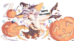  39s absurdres artist_name ass black_dress black_footwear bronya_zaychik bronya_zaychik_(snowy_sniper) closed_mouth dress drill_hair female full_body gloves grey_eyes grey_hair halloween halloween_costume happy_halloween hat highres homu_(honkai_impact) honkai_(series) honkai_impact_3rd looking_at_viewer no_panties outdoors pumpkin simple_background single_glove single_thighhigh sleeveless sleeveless_dress solo thighhighs twin_drills white_background witch witch_hat 