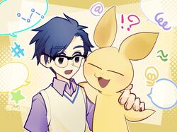  ?! anthro arm_around_shoulders bandai_namco blue_hair digimon digimon_(species) duo eyewear fur glasses hair human joe_kido lanllan male mammal neemon pupils slit_pupils yellow_body yellow_fur 