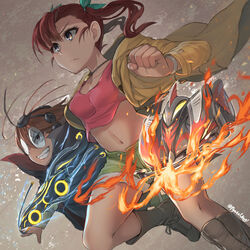  1boy bakusou_kyoudai_let&#039;s_&amp;_go!! bakusou_kyoudai_let&#039;s_&amp;_go!!_max blush boots breasts brown_hair car character_request crop_top eyelashes female fire frown glasses green_shorts grin jacket jewelry medium_breasts motor_vehicle myuutau_tadakichi navel necklace oogami_marina open_fly pink_shirt round_eyewear running shirt shorts simple_background smile twintails wristband 