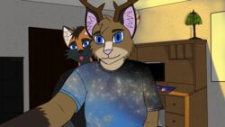  16:9 4k absurd_res anthro antlers canid canine clothed clothing deer digital_media_(artwork) domestic_cat duo felid feline felis female fox fur hair hi_res horn hybrid looking_at_viewer male mammal manbun selfie smile tongue widescreen 