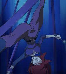  blue_eyes bodysuit breasts catsuit female haruyama_kazunori little_witch_academia long_hair looking_at_viewer red_hair shiny_chariot skin_tight solo 