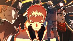  1boy age_progression aged_down aged_up ankle_boots arm_up belt_pouch blonde_hair blue_eyes boots boruto:_naruto_next_generations closed_mouth facial_mark forehead_protector glowing glowing_eyes hand_up high_collar horizontal_pupils jacket konohagakure_symbol kuji-in long_sleeves looking_at_viewer male_focus multiple_persona naruto naruto_(series) naruto_shippuuden open_mouth pants pouch rasengan red_eyes red_scarf scarf shimizugawa slit_pupils smile spiked_hair standing uzumaki_naruto uzumaki_naruto_(kurama_mode) whisker_markings whiskers 