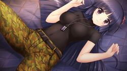  belt black_belt black_shirt blue_hair breasts breasts_apart camouflage camouflage_pants closed_mouth covered_navel female floating_hair flower game_cg green_pants hair_flower hair_ornament hime_cut long_hair looking_at_viewer lying medium_breasts muv-luv muv-luv_alternative muv-luv_alternative_strike_frontier muv-luv_unlimited:_the_day_after on_back pants purple_eyes red_flower sendou_yuzuka shirt short_sleeves skin_tight smile solo straight_hair very_long_hair 