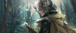  armor bad_id bad_pixiv_id cape closed_mouth eyes_visible_through_headwear fake_horns female forest from_behind green_eyes helmet highres horned_helmet horns knight_(shichigatsu) looking_at_viewer looking_back nature original outdoors pauldrons photoshop_(medium) profile sheath sheathed shichigatsu shoulder_armor solo sword tree weapon yellow_cape 